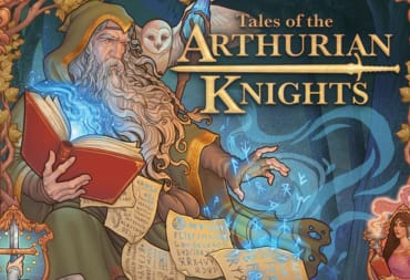 Box art of Tales of the Arthurian Knights, showing Merlin with an open spell book, a snowy owl can be seen sitting on his shoulder.