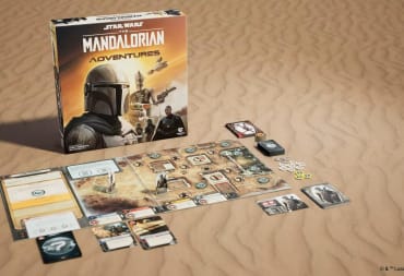 A promo image of The Mandalorian Adventures board game, showcasing the box and its contents on a desert background.