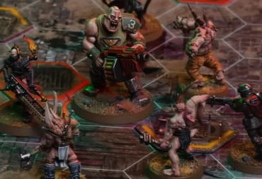 A screenshot of the Warhammer 40,000 Darktide board game, showing a handful of miniatures and dice on a skirmish map.
