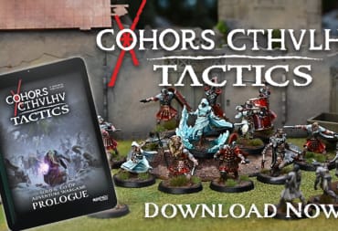 A promotional image of the Cohors Cthulhu: Tactics quickstart rules, showing a group of miniatures on a battlefield.