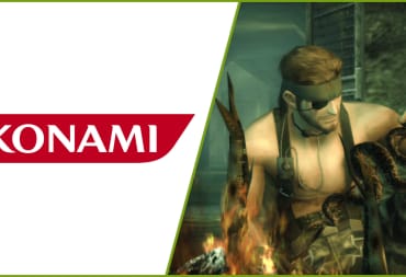 The Konami logo against a white backdrop next to a picture of Big Boss in Metal Gear Solid 3