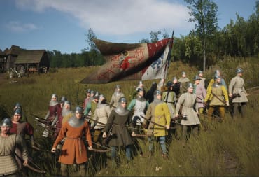 An army assembled in a field in Manor Lords