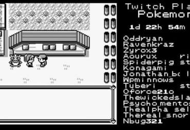 Pokemon Plays Twitch Screenshot showing a small screen from a black and white pokemon game with a live chat display on the right side
