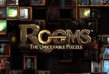 Rooms The Unsolvable Puzzle artwork displaying several strange-looking rooms around the does with the title of the game in the middle of the screen. 
