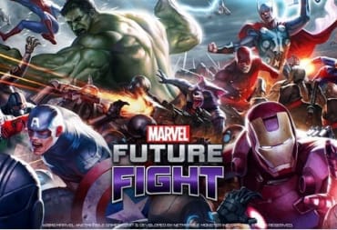 Marvel Future Fight Key Art Showing an ensemble of Marvel characters in a big brawl with the game's logo in the centre foreground. 