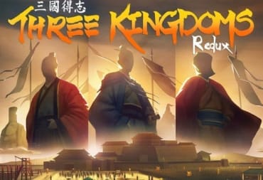 board game artwork featuring three chinese leaders dressed in official garb of the Three Kingdom's Period with the title "three kindgoms redux" written at the top of the image. 