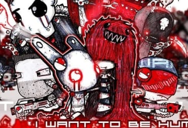 I want to be human artwork, showing a strange red, black and white creature standing in a mess of gore and viscera. 