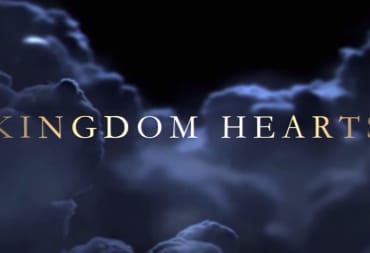 artwork depicting the words "Kingdom Hearts" in a silvery, serif font. Behind the title is a dark sky filled with purple/blue clouds. 