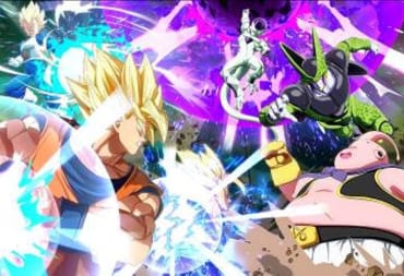 Dragon Ball Fighter Z screenshot showing several famous character beating each other up with particle effects and lasers. 