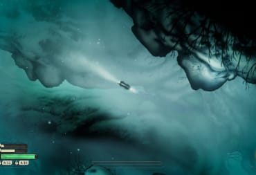 sunless skies screenshot showing a locomotive drfting through a dark corner of space surrounded by space dust. 