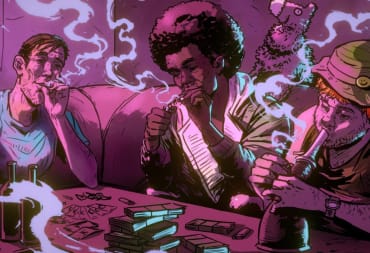 Artwork showing three people smoking cannabis, two through joints, the last one through a bong.
