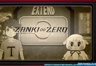 game screenshot showing a cartoon lamb and a cartoon teenager standing on either side of a screen that reads; Zanki Zero. 