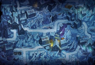 art depicting a town frozen in deep snow and ice, with winding paths moving between the various illustrated frozen houses. 