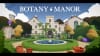 A spread-shot cover of Botany Manor, showcasing the entrance of an illustrious manor decorated with colorful and vibrant flora.