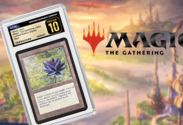 A CGC rated 10 black lotus on a Magic The Gathering key art background that says Magic: The Gathering in front of a city in the distance